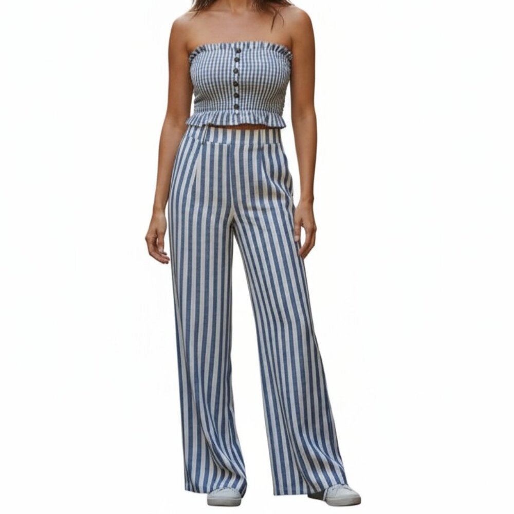 Blue Pinstripe 2-Piece Stretchy Top & Wide Leg Pull On Pants - Large - NWOT